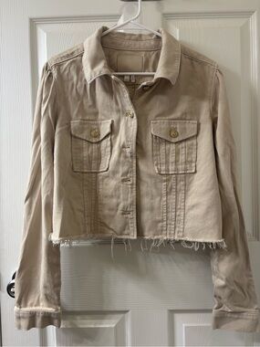 Anthropology PAIGE Pacey Raw-Hem Cropped Denim Jacket Women’s L Soft Beige EUC
